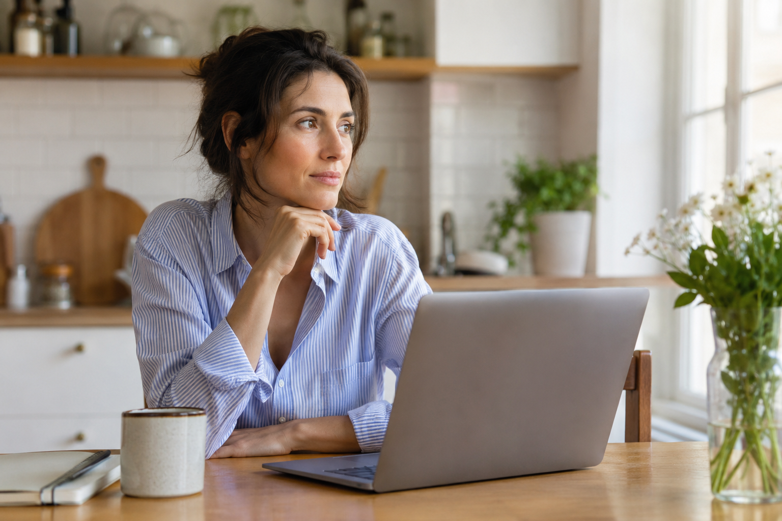 A woman in her mid-thirties sitting at a kitchen table with a laptop open, expression calm and thoughtful, natural light filling the room.