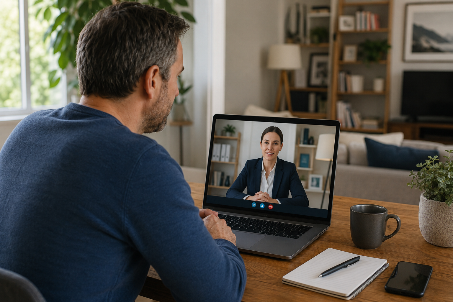 A person seated at home speaking with a clinician visible on a laptop screen, relaxed home environment, no clinical equipment visible.