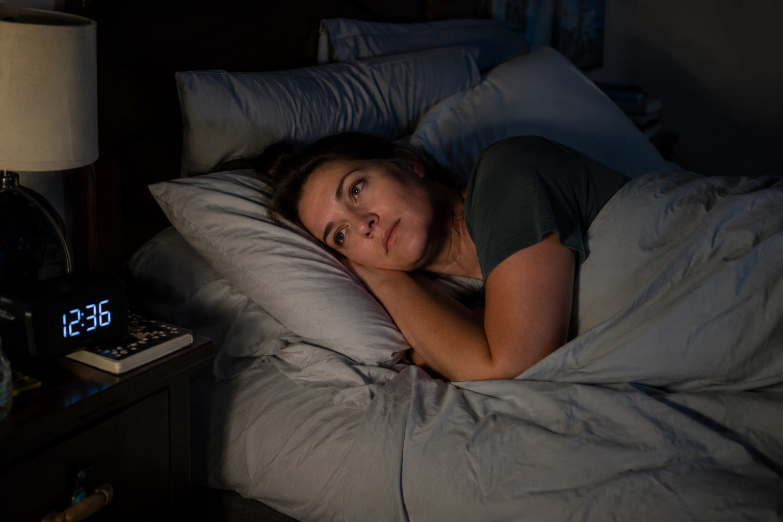 An adult lying in bed, eyes open and clearly wakeful, conveying the lived experience of sleep onset difficulty in ADHD