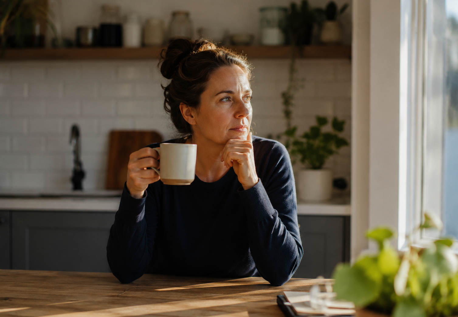 A woman sitting at a kitchen bench in morning light, thinking.