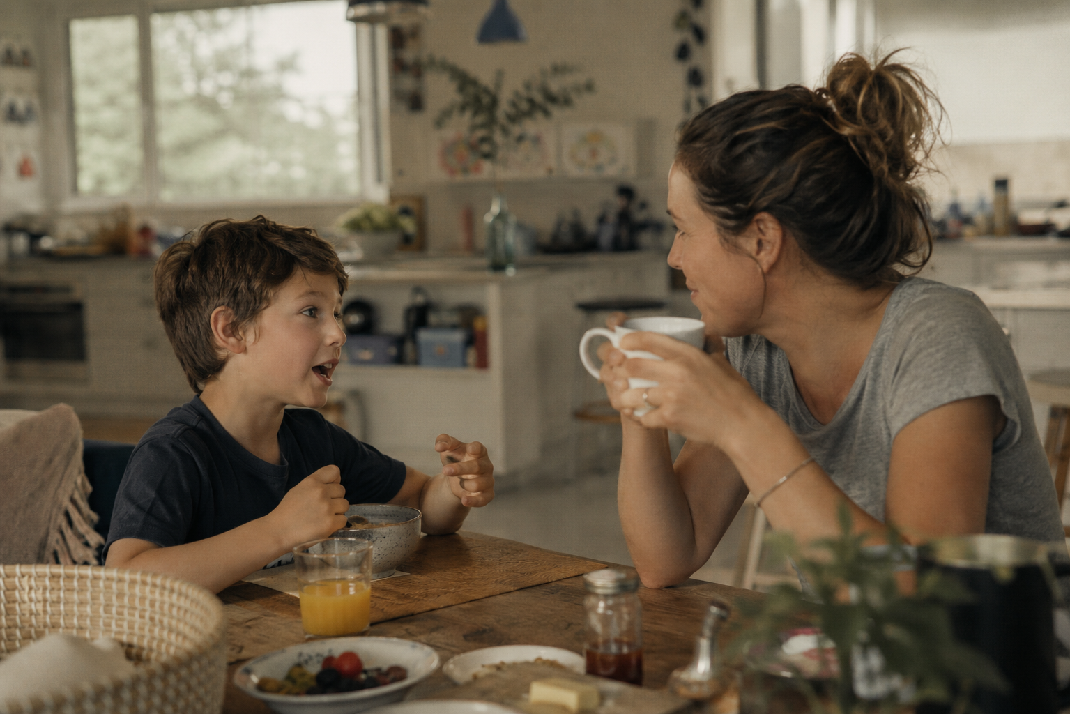 A mother and her young son eating breakfast together at the kitchen table.