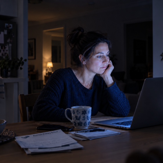 A woman sits alone at a kitchen table late at night, lit by an open laptop screen, the rest of the room dark.