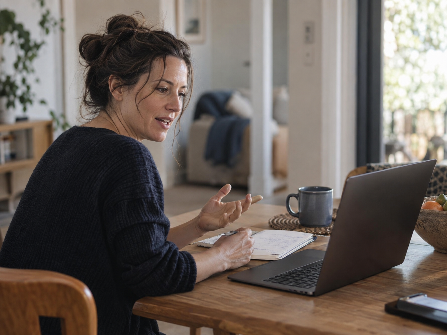 A woman speaks during a telehealth appointment at home in daylight, a notebook open beside her laptop.