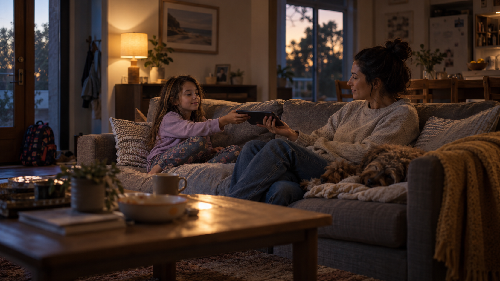 A parent and a primary-school-aged child sit together on a couch in warm evening light as the child hands over a tablet.