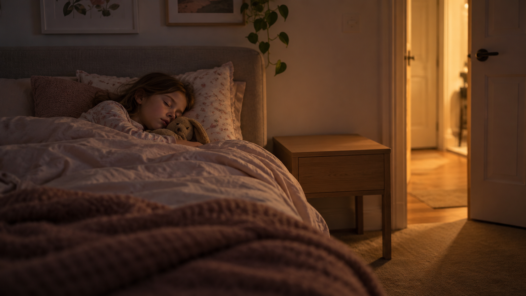 A primary-school-aged child asleep in a dim bedroom, with an empty bedside table and no device in the room.